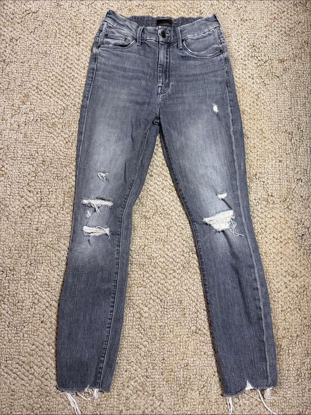 MOTHER High Waisted Looker Ankle Nick Fray- Gray Distressed